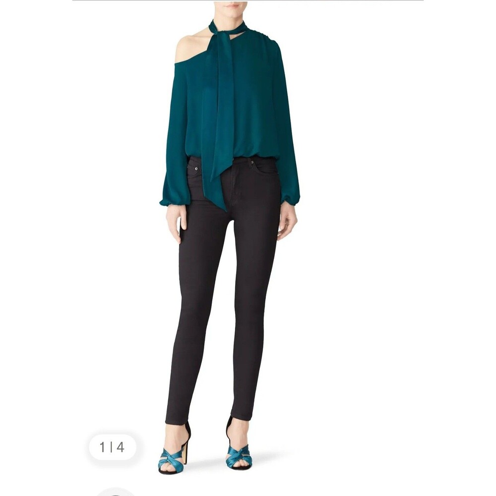 Ramy Brook Teal Silk Asymmetrical Tie Neck Top Blouse Size S Small Long Sleeve